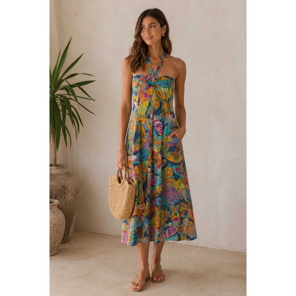 Caroline Constas Butterfly Print Halter Midi Dress Multicolor Smocked XL Resort